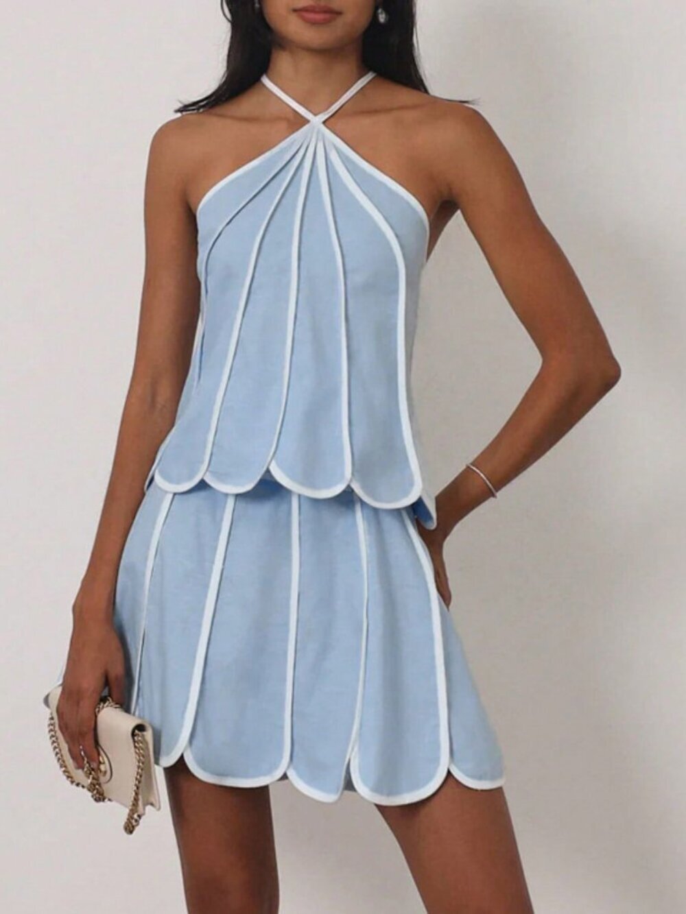Blue Sexy Women's Halter Neck Backless Sleeveless Top and Skirt Two-Piece Set
